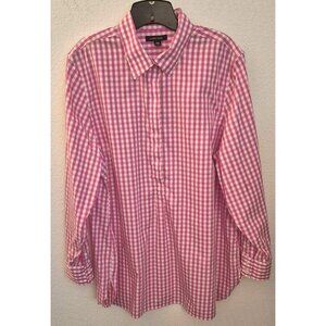 Lands' End Pink and White Gingham 100% Cotton  Long Sleeve Tunic Top Sz 18W EUC